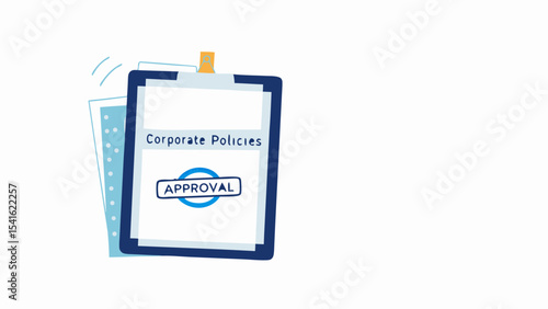 Illustration of corporate policies document with approval stamp on a clipboard with papers