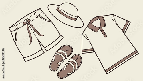 A flat lay style vector illustration of a collection of essential summer clothing items: shorts, t-shirt, sunhat, and sandals. Ideal for fashion or travel concepts       