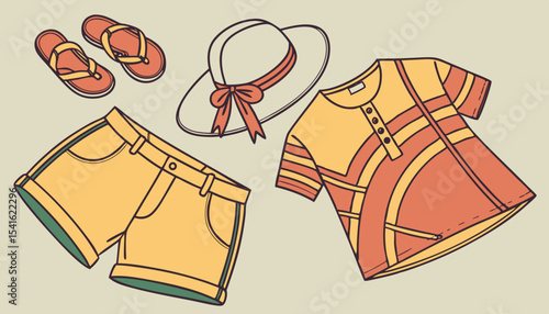 A flat lay style vector illustration of a collection of essential summer clothing items: shorts, t-shirt, sunhat, and sandals. Ideal for fashion or travel concepts       