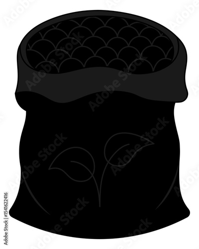 A bag of soil. Peat for seedlings in a dark bag. Silhouette. Vector illustration. Isolated white background. On the label is an outline of a sprout. Cartoon. Idea for web design.