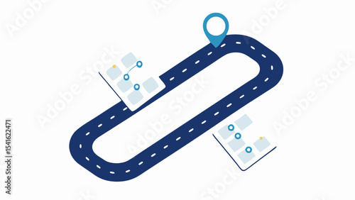 Illustration showing a winding road with a location pin and building icons on a white background