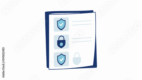 Document showing security features with shields, checkmarks and lock icons on a white background