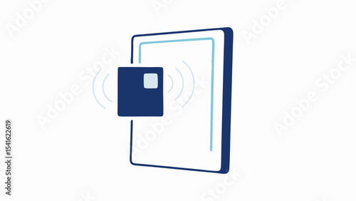 Accessing a door with a keycard showing wireless connection and a door frame in a simple illustration