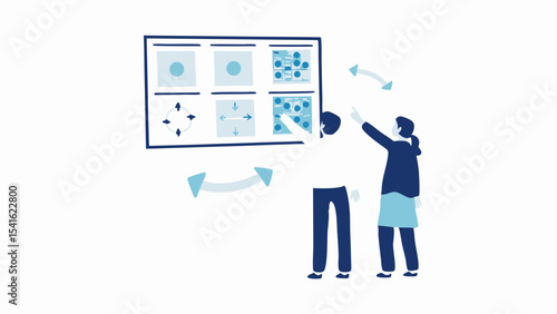 Two individuals pointing at a diagram board with various graphical representations and curved arrows around it
