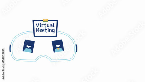 Illustration of virtual reality headset displaying a virtual meeting with participants shown inside