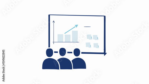Illustration of a business presentation with a graph and three people watching the presentation closely