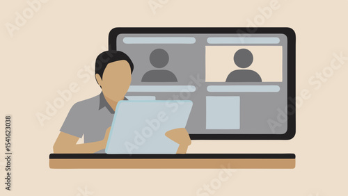 A person attending a virtual meeting with two participants displayed on a computer screen at a desk