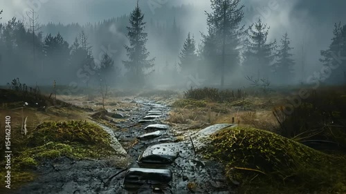 foggy forest path disappearing into misty woods surrounded by tall trees and silence concept of solitude nature mystery wellness