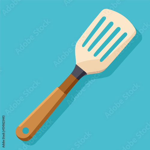 A slotted spatula features a beige blade and a brown handle set against a light blue background with a distinct shadow