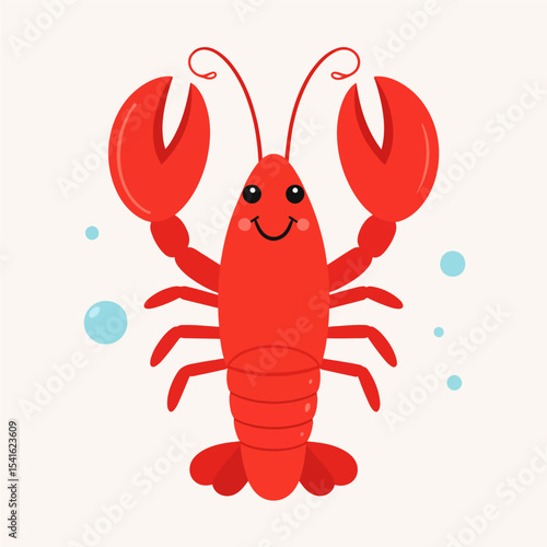 A cartoon lobster with a smiling face  bright red color is surrounded by small blue bubbles on a neutral background