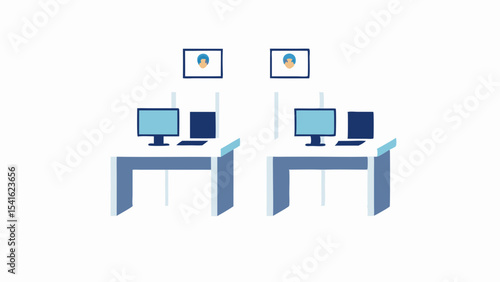 Two office workstations with computers and screens depicting people in a professional setting view