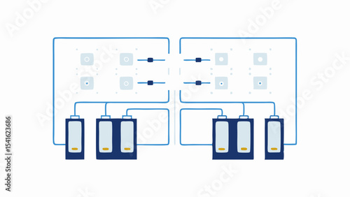 Illustration showing two sets of batteries connected to panels with blue wiring on a white background
