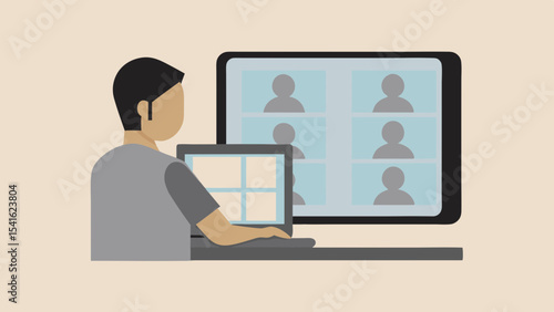 Person attending a video conference on a laptop with a larger screen showing participants