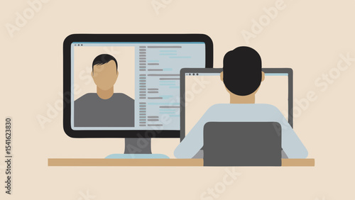 Person having a video call on a computer while someone works on a laptop in the background scene