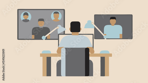 Person attending a virtual meeting with multiple participants on screens at a desk with lamps on it
