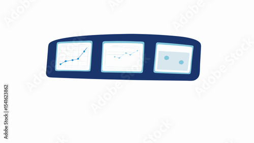 Three screens displaying graphs and data points in a dark blue rounded rectangular frame design element