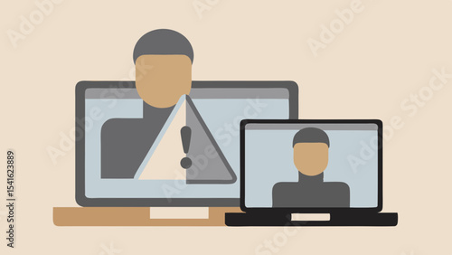 Illustration of a desktop computer displaying an error and a laptop with a video call screen