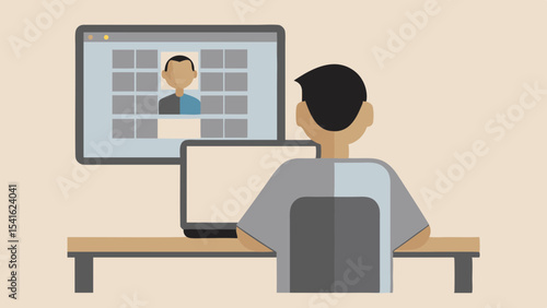 Person using a computer with a video call on a larger monitor in a simplified illustration style