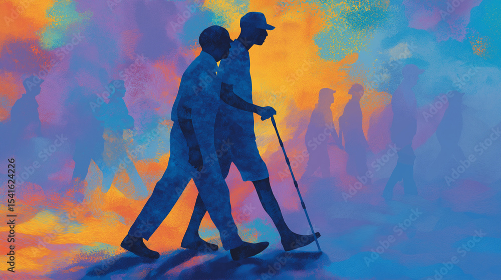 Naklejka premium Veteran Supported by Neighbor During Parade Celebration