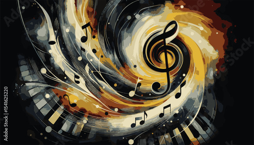 Dynamic abstract representation featuring a swirl of musical notes, piano keys, and vibrant tones harmonizing in a visually captivating artistic theme.