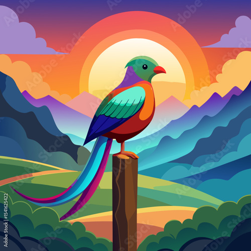 A vibrant, rainbow-colored bird, reminiscent of a Trogon, perched atop a weathered wooden post at sunrise. The bird's plumage displays iridescent blues, greens, oranges, and purples. The background fe