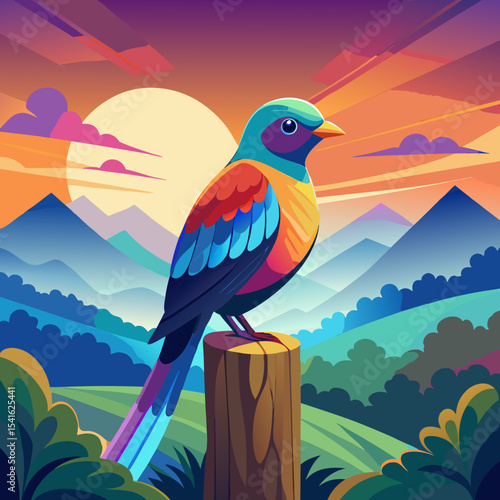 A vibrant, rainbow-colored bird, reminiscent of a Trogon, perched atop a weathered wooden post at sunrise. The bird's plumage displays iridescent blues, greens, oranges, and purples. The background fe