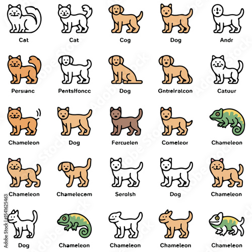 Icon set featuring 24 different pet animals. Animals include common and exotic pets such as a cat, dog, chameleon, parrot, miniature pig, raccoon, rabbit, guinea pig, mini goat, ferret, tarantula,