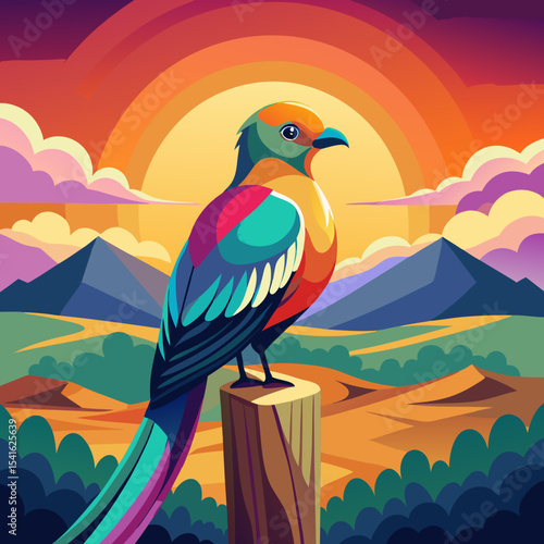 A vibrant, rainbow-colored bird, reminiscent of a Trogon, perched atop a weathered wooden post at sunrise. The bird's plumage displays iridescent blues, greens, oranges, and purples. The background fe