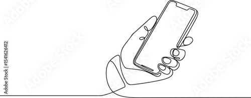 Continuous line drawing of a hand holding a smartphone at an angle in minimalist black and white style

