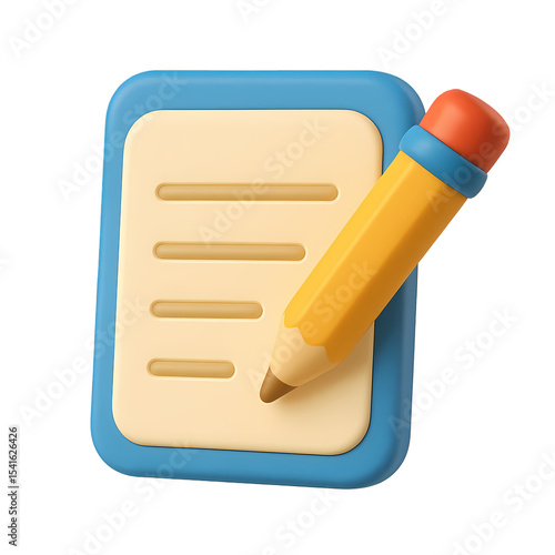 3D writing icon with pencil and paper, symbolizing writing, education, documentation, or content creation