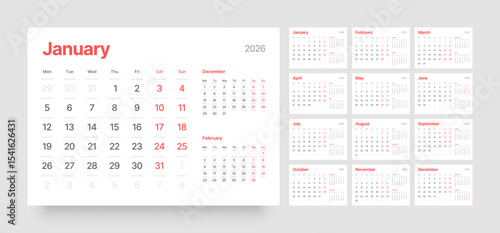 Monthly calendar layout for 2026 year. Diary planner for 2026 year. Week Starts on Monday. 