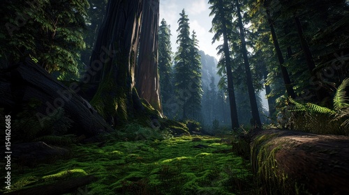 Wallpaper Mural Lush forest floor, sunlight filtering through ancient trees, mossy path. Possible use nature wallpaper Torontodigital.ca