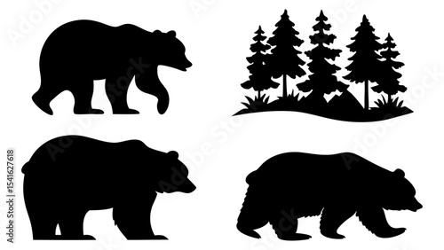Bear silhouette vector set grizzly bear forest scene wildlife animal nature art, in png, on transparent background