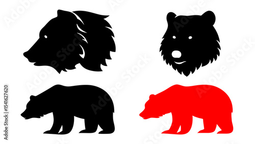 Bear silhouette vector illustration set grizzly brown bear black and red design, in png, on transparent background