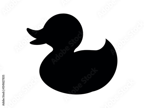 Black silhouette of rubber duck in side view, isolated on white background, graphic illustration. concept of bath toy, cute duckling, minimalistic icon, logo, design element.