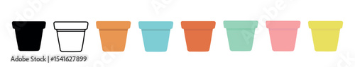 Set of colorful flower pots in various styles isolated on white background, illustration. concept of garden, decor, plant container, home gardening, design elements