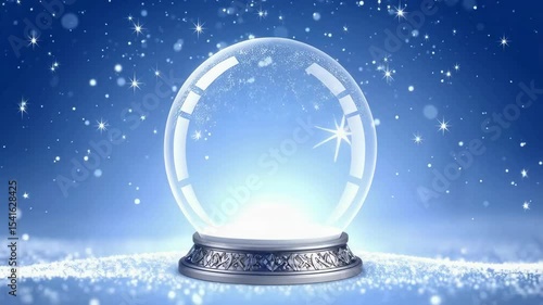 A magical snow globe scene featuring a crystalline sphere on an ornamental stand, illuminated against a backdrop of twinkling stars and ethereal blue glow effect.