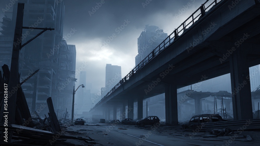 Obraz premium Abandoned urban landscape with decaying buildings and a deserted highway under a moody sky