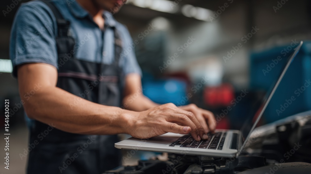 Mechanic using laptop to diagnose vehicle electrical system in workshop. focused expression shows dedication to problem solving and technology integration in automotive repair Mechanic using laptop to diagnose vehicle electrical system in workshop. focused expression shows dedication to problem solving and technology integration in automotive repair