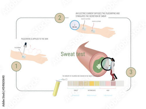 Sweat test procedure showing pilocarpine application, electric stimulation, and chloride measurement
