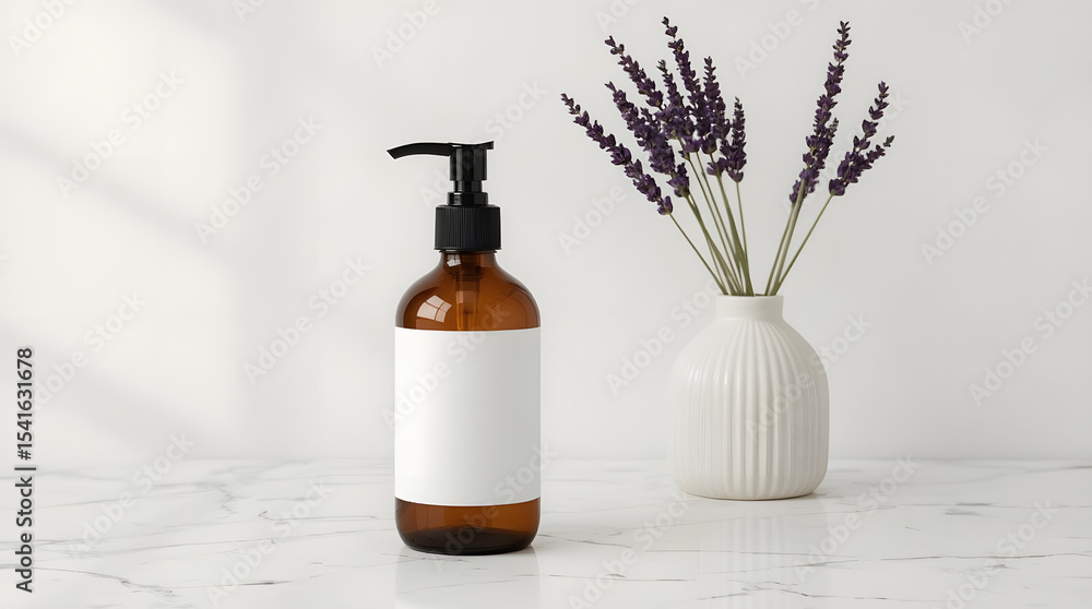 Fototapeta premium Amber Bottle with White Label and Lavender in Ceramic Vase