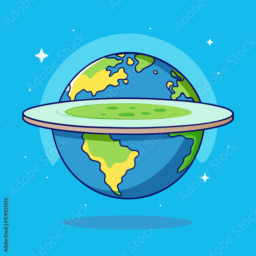 Cartoon depiction of the Flat Earth theory with surrounding stars and continents