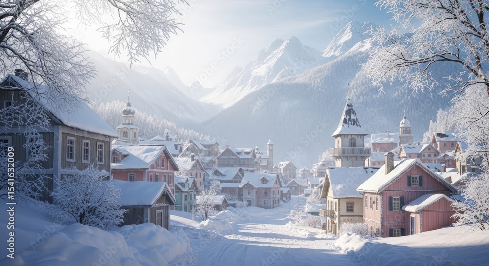 Naklejka premium A picturesque winter village scene with snow covered houses and mountains in the background view bright