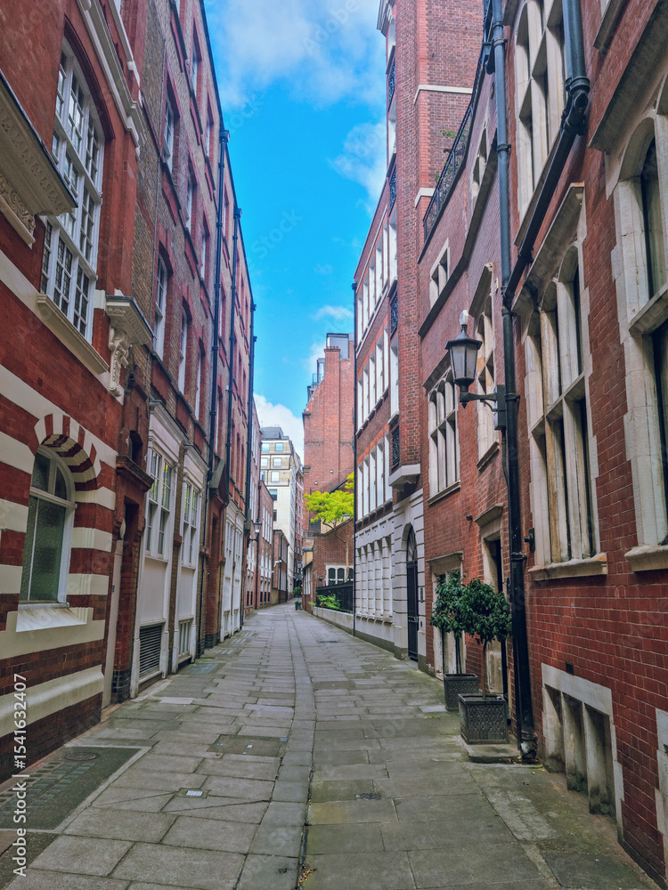 Fototapeta premium Tiny street in London with traditional brick buildings and facades, London, England, United Kingdom