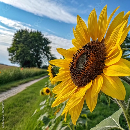  close up of sunflower blooming outdoors.
