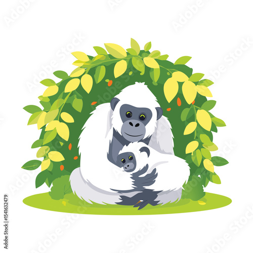 White Gorilla Mom Cradling Baby Leaves