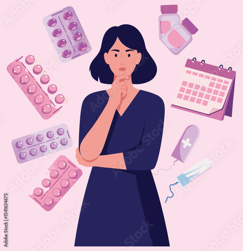 Woman thinking about menstruation, birth control, pills, feminine hygiene, calendar tracking, tampon, hormonal health, reproductive choice, period care, planning