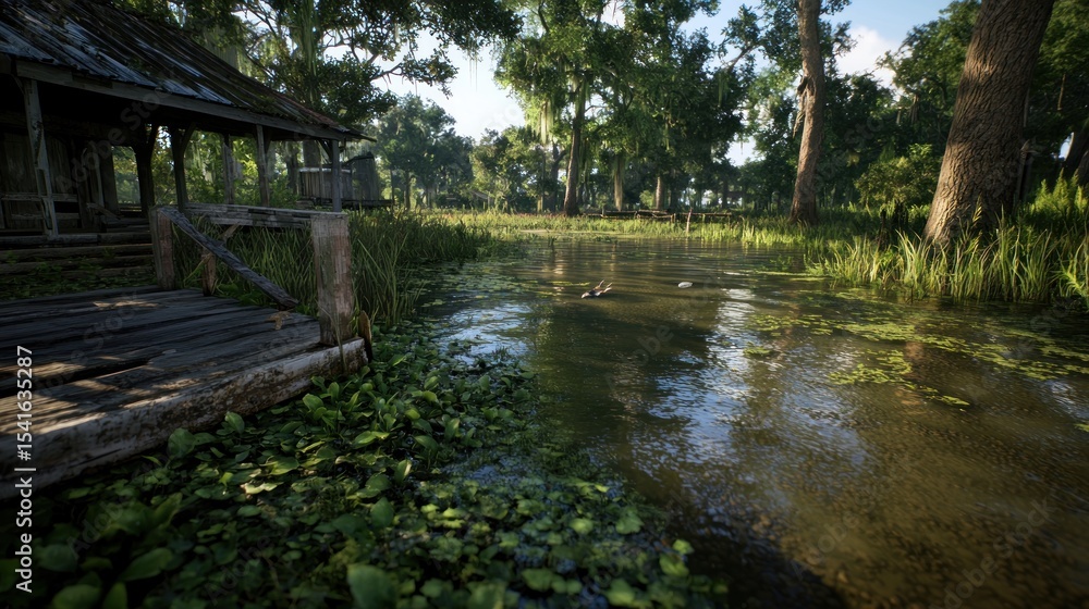 Fototapeta premium Rustic wooden dock on tranquil swamp waterway, old shack in background