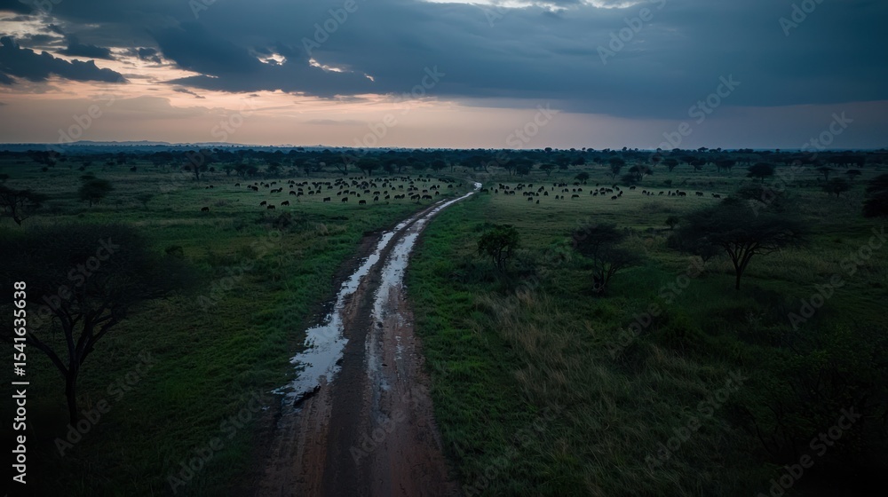 Fototapeta premium African Savanna Dirt Road at Dusk with Wildlife