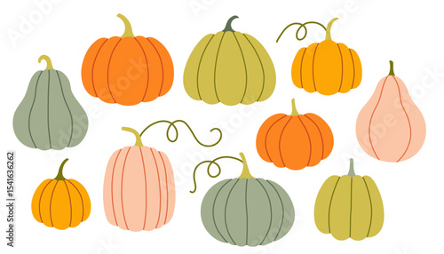 Simple pumpkin set. Cute collection of pumpkins, gourds and squashes in soft orange, green, and peach colors. Each one has a unique shape, perfect for autumn designs.